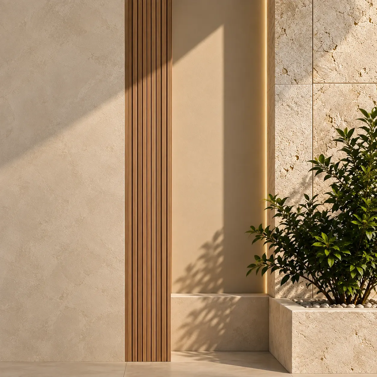 Detalle arquitectónico de fachada en piedra caliza, madera y jardinera con vegetación